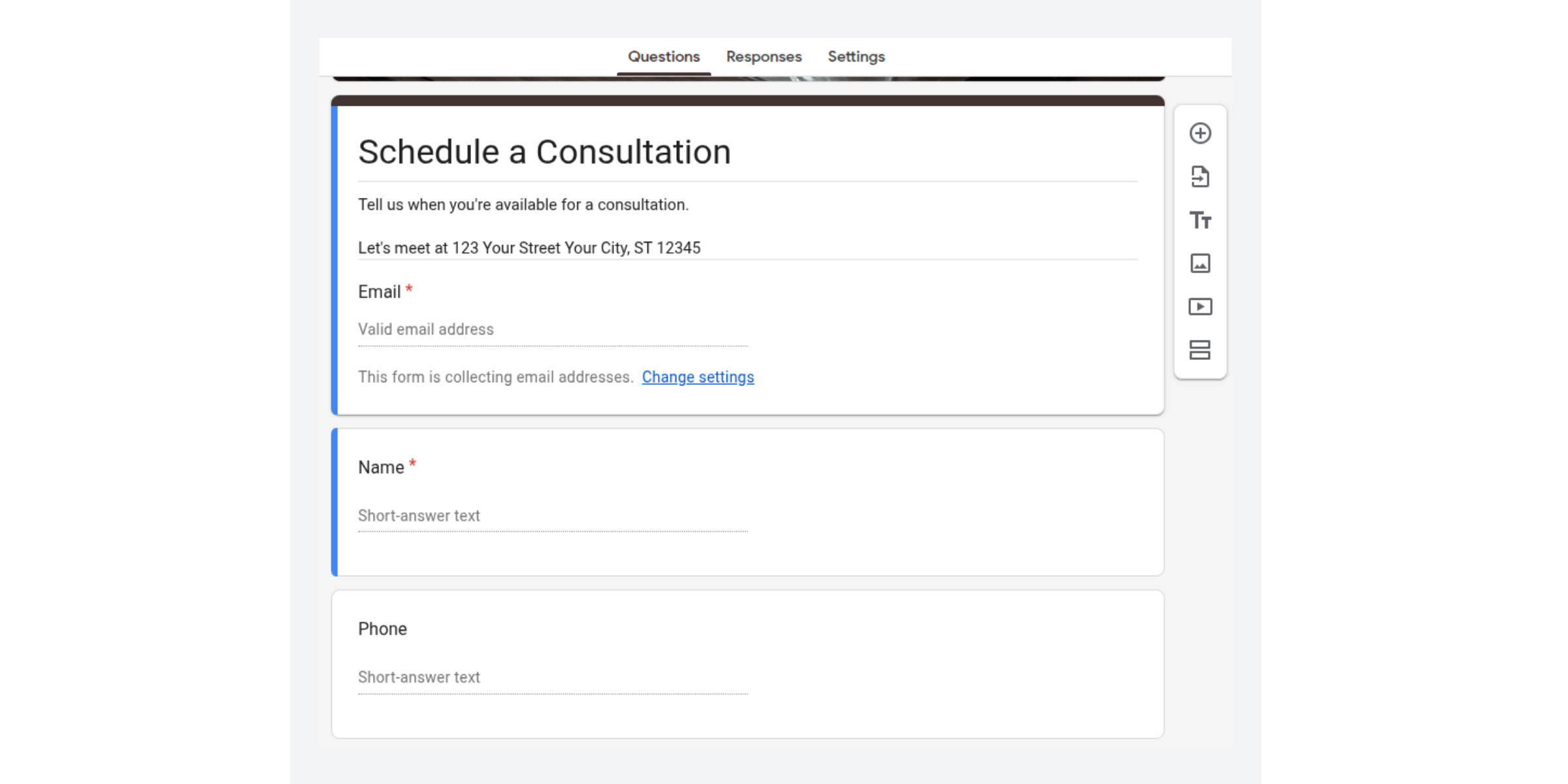 Adding questions to gather client details in Google Forms